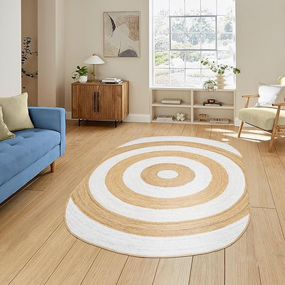 2x18 Oval Kilim Jute Runner – Natural Jute Hand Braided Rug, Solid White Beige, 0.27" Thick Handmade Boho Flatweave Carpet for Hallway, Staircase, Entryway, Corridor