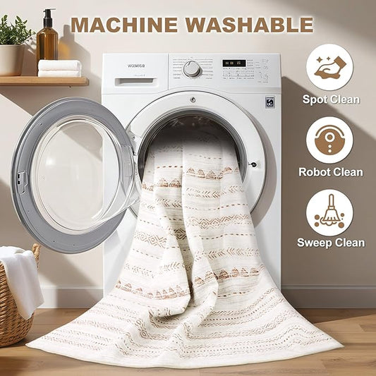 Nakagishi Runner Rug Kitchen Washable Rugs: 3x8 Non-Slip Boho Soft Modern Stain Resistant Indoor Floor Neutral Farmhouse Throw Carpet for Hallway Bathroom Laundry Room Entryway Bedroom- Brown