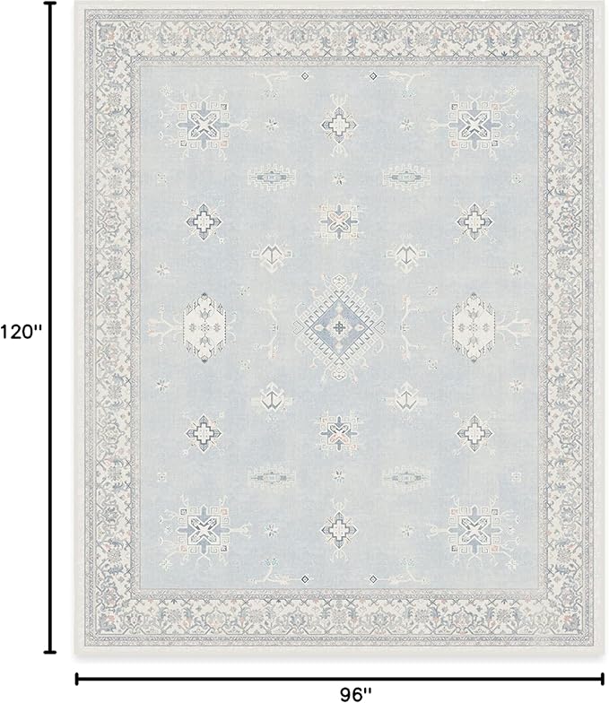 RUGGABLE Washable Vintage Area Rug – Verena Soft Blue 8x10, Stain-Resistant, Non-Slip – Large Machine Washable Rugs for Living Room, Bedroom, Hallway, Entryway & Office–with Cushioned Pad