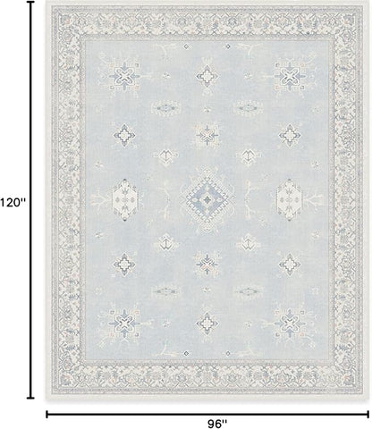 RUGGABLE Washable Vintage Area Rug – Verena Soft Blue 8x10, Stain-Resistant, Non-Slip – Large Machine Washable Rugs for Living Room, Bedroom, Hallway, Entryway & Office–with Cushioned Pad