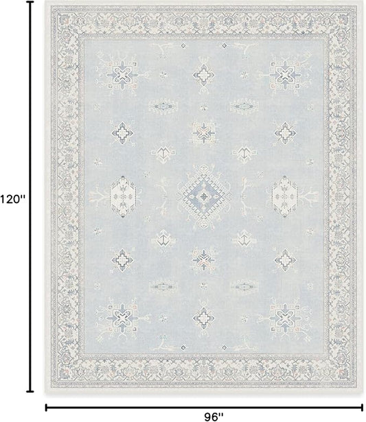 RUGGABLE Washable Vintage Area Rug – Verena Soft Blue 8x10, Stain-Resistant, Non-Slip – Large Machine Washable Rugs for Living Room, Bedroom, Hallway, Entryway & Office–with Standard Pad