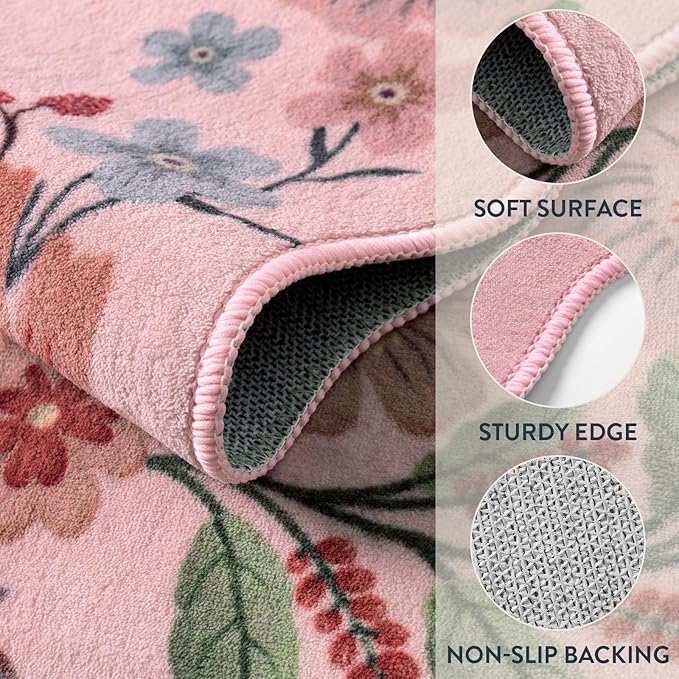 Lahome Floral Kitchen Runner, 2X6 Washable Runner Rug Non-Slip, Ultra-Thin Soft Hallway Rug Stain Resistant Boho Carpet for ‎Bedroom Laundry Bathroom, Pink