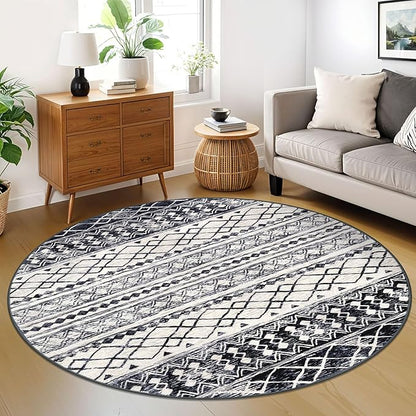 KUTA 6Ft Round Boho Rug for Living Room, Moroccan Washable Circle Area Rugs Non Slip, Black Navy Blue Soft Geometric Bedroom Throw Low-Pile Carpet for Nursery Dorm