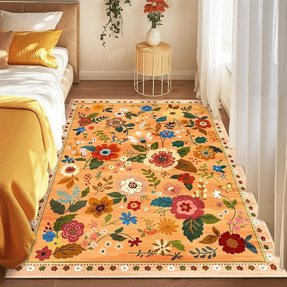 Floral 3x5 Area Rug Machine Washable Soft Print Boho Carpet Non Slip Doormat Low Pile Flower Area Rugs for Living Room Bedroom Nursery Kitchen Dining Room Indoor-Yellow/Orange