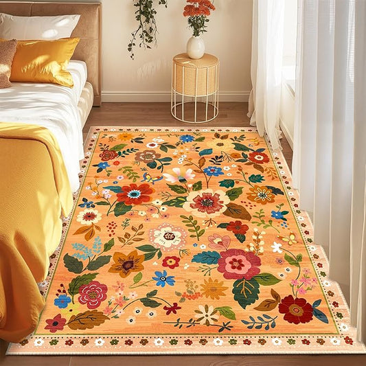 Floral 3x5 Area Rug Machine Washable Soft Print Boho Carpet Non Slip Doormat Low Pile Flower Area Rugs for Living Room Bedroom Nursery Kitchen Dining Room Indoor-Yellow/Orange