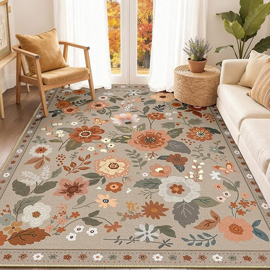 Floral 6x9 Area Rug Machine Washable Soft Print Boho Carpet Non Slip Doormat Low Pile Flower Area Rugs for Living Room Bedroom Nursery Kitchen Dining Room Indoor-Brown/Brick
