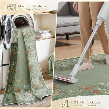 Wonnitar Washable 5x7 Area Rugs, Green Floral Rugs for Bedroom, Non-Shedding Living Room Throw Rug, Botanical Dining Room Floor Carpet for Bedside Kids Girls Bedroom (Green,5'x7')