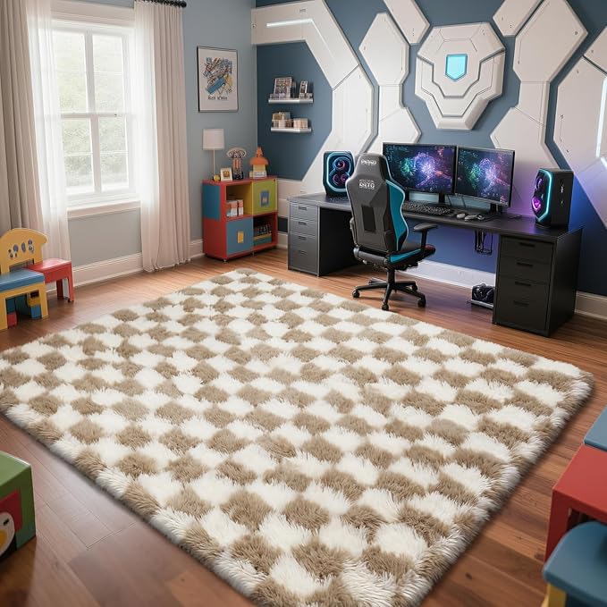 Checkered Rug for Bedroom, 5x8 Beige and White Area Rugs, Classic Checkered Carpets Shaggy Area Rug, Bedside Rugs for Living Room Bedroom Kids Room Home Decor