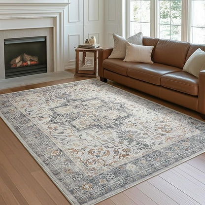 Farmhouse 6x9 Area Rugs for Living Room, Low Pile Thin Washable Non Slip Rugs for Bedroom Dining Room, Distressed Medallion Printed Soft Carpet for Home Office Guest Room, Grey/Orange-Brown