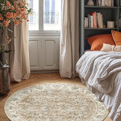 jinchan Fiora Round Rug 6ft Area Rug - Taupe Vintage Floor Mat Indoor Ultra-Thin Soft Floral Print - Washable Circle 6' Retro Accent for Farmhouse Non Slip Dining Room Living Room Bedroom Office