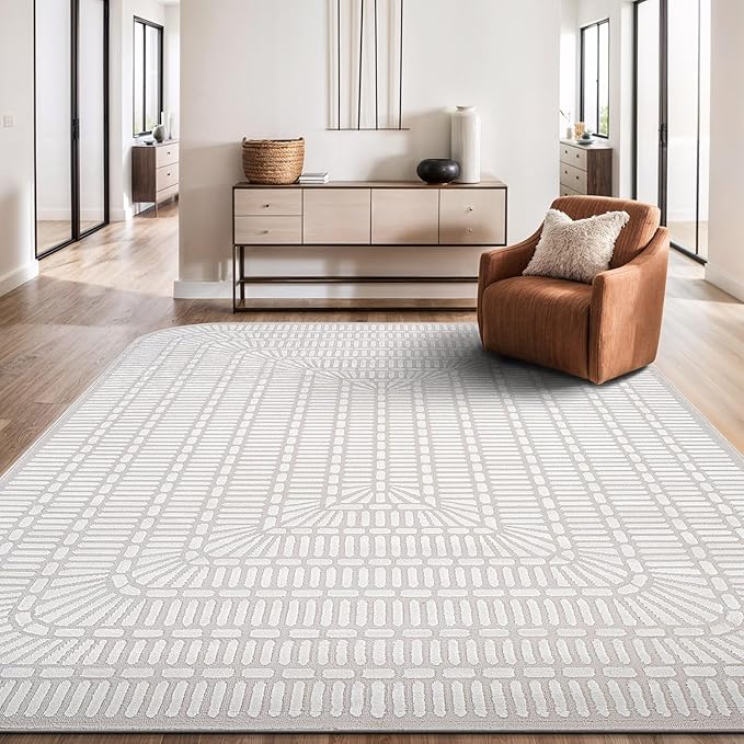 Beverly Rug Modern Geometric Area Rug 5x7 Low-High Pile Durable Soft Abstract Grid Indoor Rugs for Living Dining Room Office Stain Resistant Non Shedding Casual Indoor Carpet Beige White 5 x 7