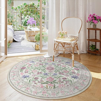 Wonnitar Floral Washable Round Rugs 6ft, Purple Circle Rugs for Bedroom Girls Dorm, Ultra-Thin Non Slip Boho Carpet for Nursery Girls Room Decor Living Room Playroom, Light Purple/Pink