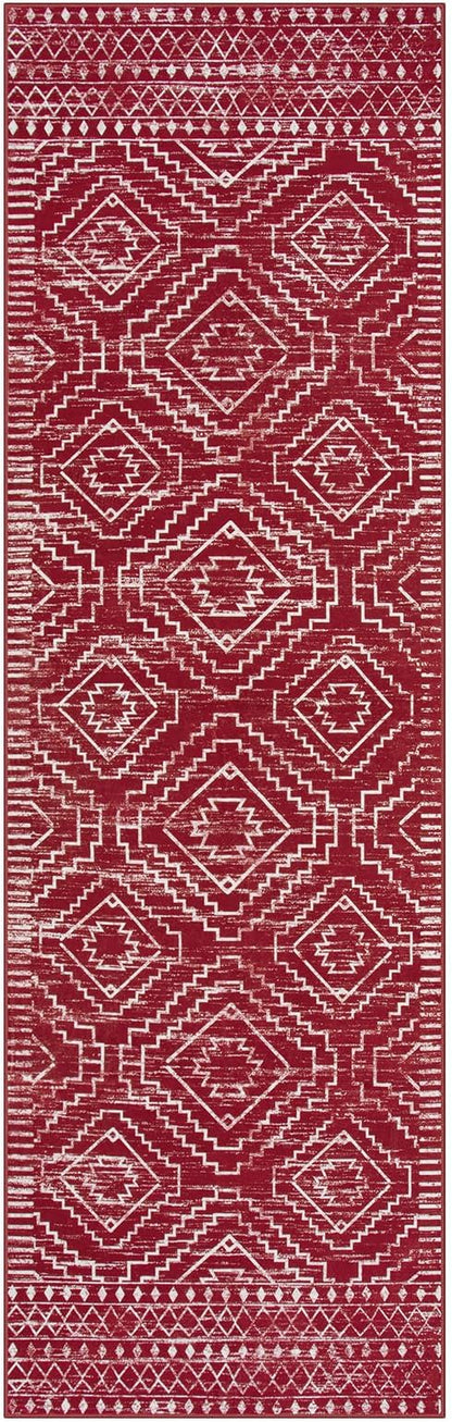 Wonnitar Moroccan Washable 2.5x8 Christmas Runner Rug for Hallway, Non-Slip Stain Resistant Kitchen Runners, Farmhouse Floor Carpet Soft Runner for Bathroom Hall Entyway (Red,2'6"x8')