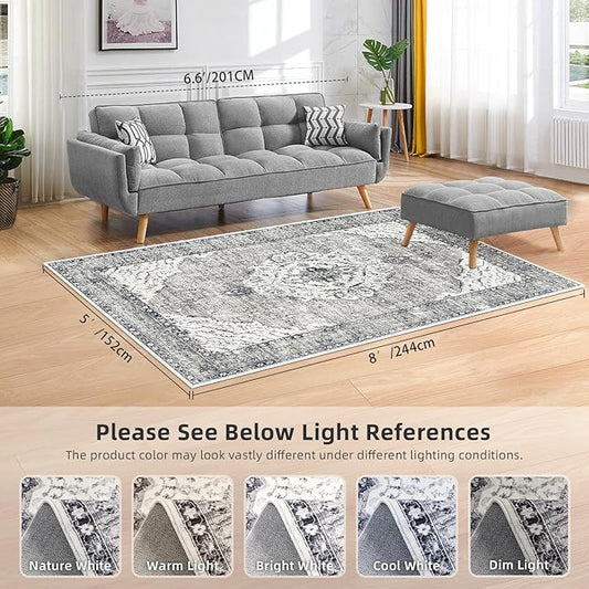 Deerly 5x8 Rugs for Bedroom Living Room - Machine Washable Rugs Large Non-Slip Family & Pet Friendly Area Rugs Carpet Oriental Neutral Print Floor Rug Border Grey/Navy