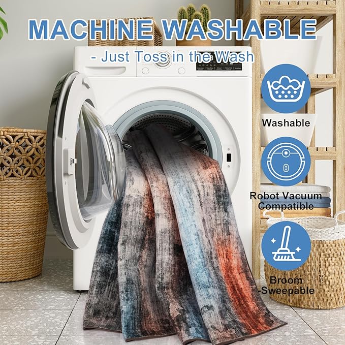 WILLSUN Washable Area Rugs, 4x6 Non-Slip Boho Large Area Rugs for Living Room, Bedroom, Machine Washable Vintage Rug, Indoor Floral Print Carpet for Home Decor, Kid & Pet Friendly Mat