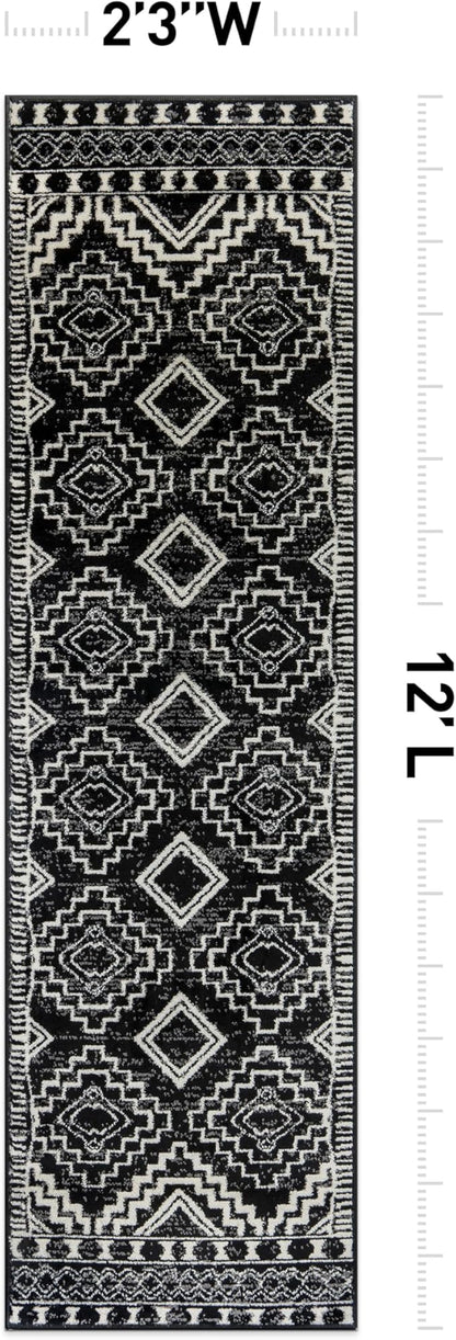Rugshop Southwestern Black and White Tribal Area Rug – Geometric Diamond Pattern Carpet for Living Room, Bedroom, or Entryway – Boho Rustic Soft Floor Decor 2' 3" x 12' Runner Black