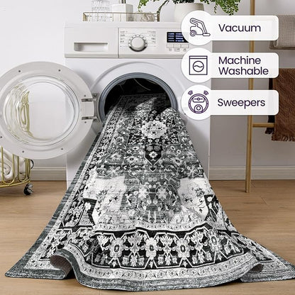 DEXI 5x8 Area Rug for Living Room, Washable Vintage Farmhouse Thin Rug Indoor Floor, Non Slip Stain Resistant Low Pile Carpet for Dining Room Bedroom Office, White Grey