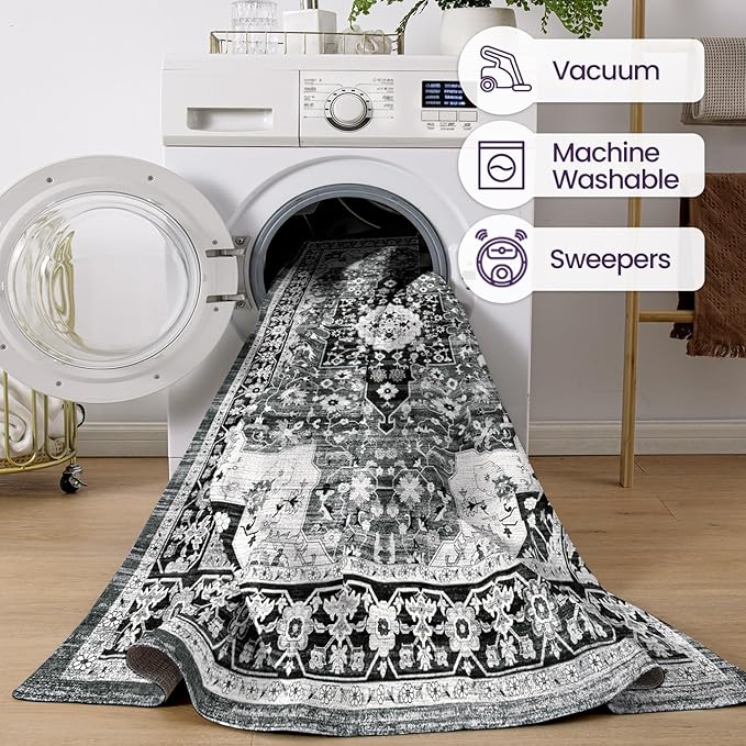 DEXI 9x12 Area Rug for Living Room, Washable Vintage Farmhouse Thin Rug Indoor Floor, Non Slip Stain Resistant Low Pile Carpet for Dining Room Bedroom Office, White Grey