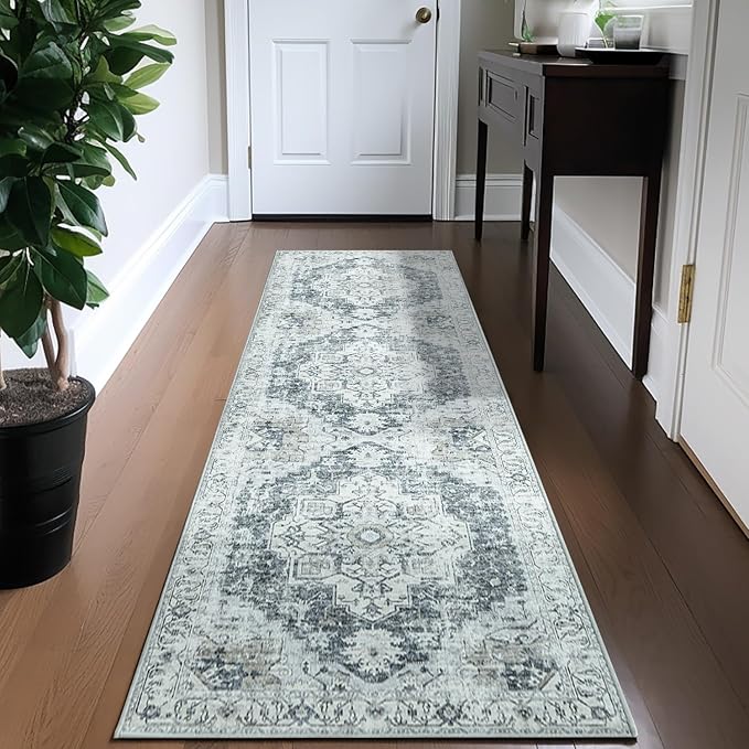 jinchan Kelda Runner Rug 2x8 Hallway Rug Washable Runner Vintage Mat Retro Print Lightweight Non-Slip Floor Cover Distressed Thin Carpet for Entryway Bathroom Bedroom Laundry Room Stairway Grey