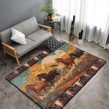 Horse Western Boho Ethnic Style Area Rug Washable Outdoor Rugs Anti-Slip Soft Carpet Entryway Indoor Door Mat for Bedroom,Living Room,Porch,Terrace and Entrance Decor 6'x 4'