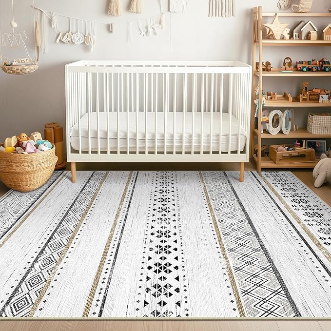 BESTSWEETIE 9x12 Area Rugs for Living Room Washable Moroccan Farmhouse Neutral Geometric Low Pile Non-Slip Soft Print Pattern Rug for Bedroom Kitchen Dining Room Entryway Black/Brown
