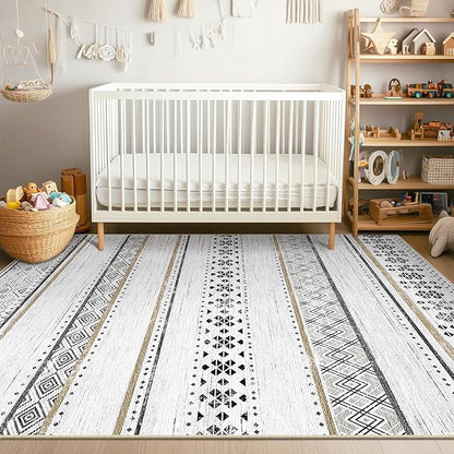 BESTSWEETIE 5x7 Area Rugs for Living Room Washable Moroccan Farmhouse Neutral Geometric Low Pile Non-Slip Soft Print Pattern Rug for Bedroom Kitchen Dining Room Entryway Black/Brown