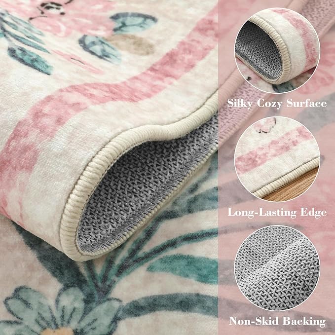 Wonnitar Pink Rugs for Bedroom Girls, 5x7 Washable Rug for Nursery Decor, Boho Soft Floral Carpet Non Slip, Indoor Ultra-Thin Floor Carpet for Baby Kids Room Living Room Dorm