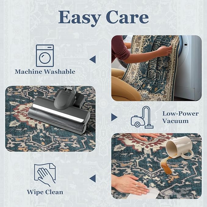 Distressed Farmhouse Area Rugs 6x9 for Living Room, Low Pile Thin Rugs for Bedroom Manchine Washable Non Slip, Medallion Pinted Carpet for Dining Room Guest Room Home Office, Deep Blue/Multi