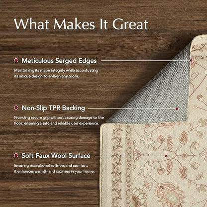 EVERGRACE Area Rugs for Living Room 6x9, Boho Floral Faux Wool Indoor Outdoor Rugs, Washable Rugs for Bedroom Dining Room Entryway Kitchen, Low Pile Floor Mat Carpet for Home Decor, Natural Beige