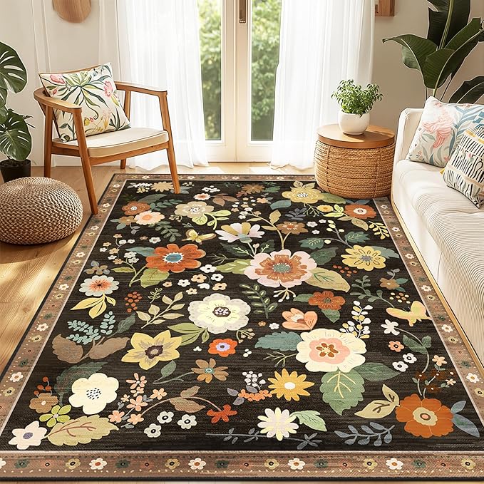Floral 6x9 Area Rug Machine Washable Soft Print Boho Carpet Non Slip Doormat Low Pile Flower Area Rugs for Living Room Bedroom Nursery Kitchen Dining Room Indoor-Black/Yellow/Red