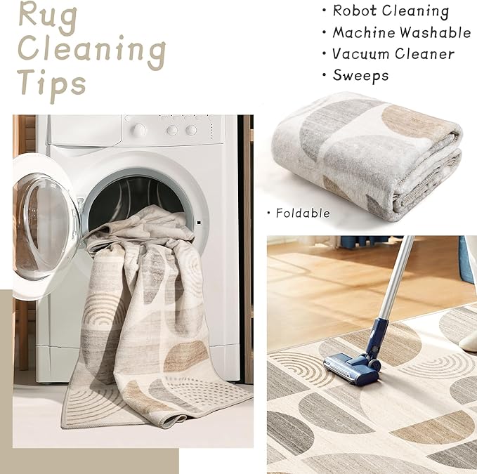 MUJOO Boho Rug Washable,4x6.5 Area Rugs for Bedroom Living Room Bedside Office,Throw Floor Carpet Non Slip Soft Indoor Modern Abstract Bohemian Neutral Beige