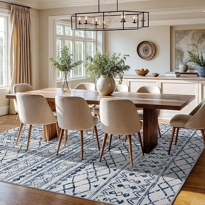 KUTA Moroccan 8x10 Rugs for Living Room Blue White, Washable Boho Area Rug Non-Slip, Ultra Soft Geometric Tribal Traditional Farmhouse Carpet for Dining Room Bedroom Dorm Office Home Decor