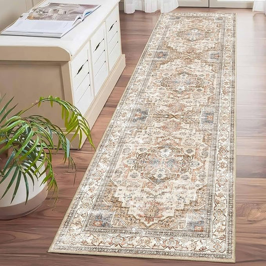 Enkor Runner Rugs for Hallway, 2x8 Washable Soft Non Slip Floor Rugs for Kitchen, Modern Mat for Living Room Bedroom Entryway Beige & Brown