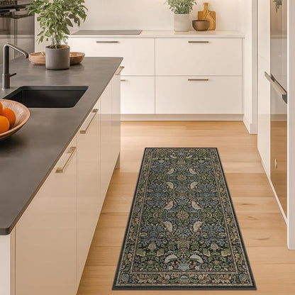 Washable Dark Vintage Floral Rugs for Entryway - Small 2x4 Runner Rug for Kitchen Bathroom Door Mat Indoor Entrance with Bird & Botanical Pattern, Brown Earthy Tones, Non Slip Low Pile