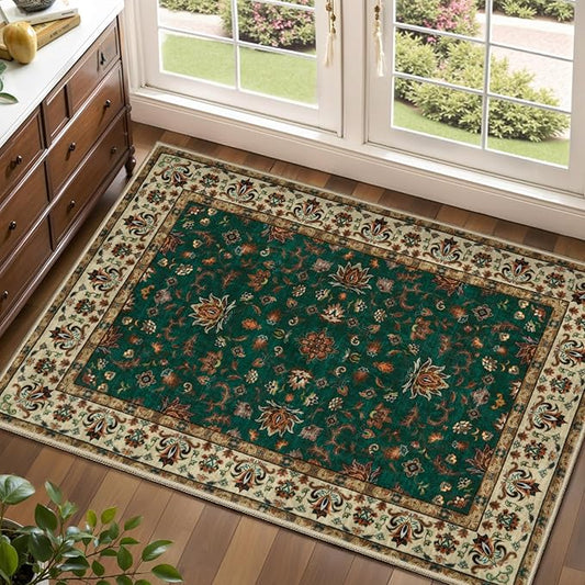 Tangsoo 2x3 Washable Rugs for Entryway, Small Area Vintage Floral Rug Non-Slip Soft Low Pile Rugs, Small Carpet Door Mat, Front Door Indoor Throw Rug for Entrance Kitchen Entry, Home Decor Green