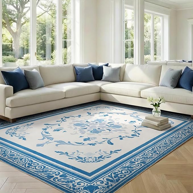 SOULFUL Medium Pile 8x10 Rugs for Living Room - Cozy Soft Underfoot Large Area Rug - Blue Boho Floral - Washable Non-Slip - Perfect for Bedroom Kids Room Under Dining Table Office