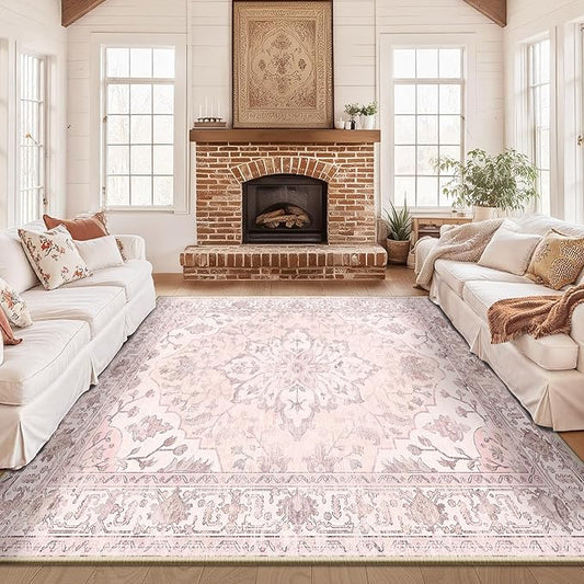 Area Rugs Square 8ft Washable Non-Slip, Floral Vintage Distress Print Pattern Medallion Carpet for Living Room Bedroom Dining Room, Pink Greypink Cute