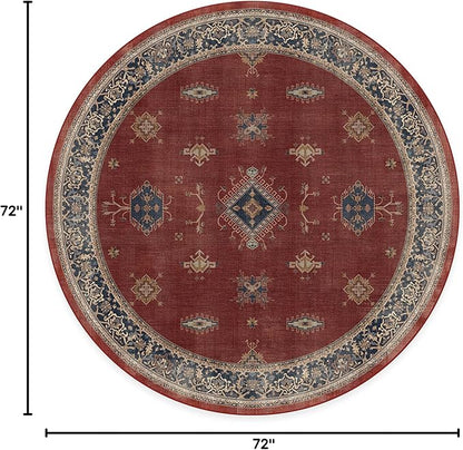 RUGGABLE Washable Vintage Area Rug – Verena Amber Red 6 ft Round, Stain-Resistant, Non-Slip – Medium Machine Washable Rugs for Living Room, Bedroom, Hallway, Entryway & Office–with Cushioned Pad
