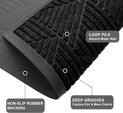 Kitinjoy Front Door Mat Outside Entrance, Sturdy Natural Dirt Trapper, Heavy Duty Rubber Doormat, Low Profile Non-Slip Backing, Easy Clean Floor Mat for Indoor Outdoor Entry, 29.5X17 Inch, Black