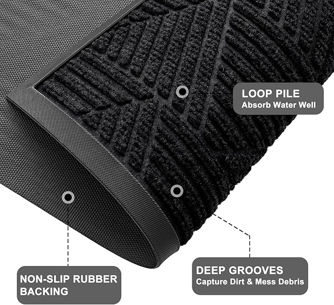 Kitinjoy Front Door Mat Outside Entrance, Sturdy Natural Dirt Trapper, Heavy Duty Rubber Doormat, Low Profile Non-Slip Backing, Easy Clean Floor Mat for Indoor Outdoor Entry, 47X23 Inch, Black