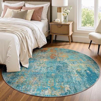 Washable Area Rugs 4ft Non-Slip Modern Abstract Soft for Living Room Entryway Bedroom Nursery, Print Pattern, Teal Blue Green Orange Rust Red Coloreful