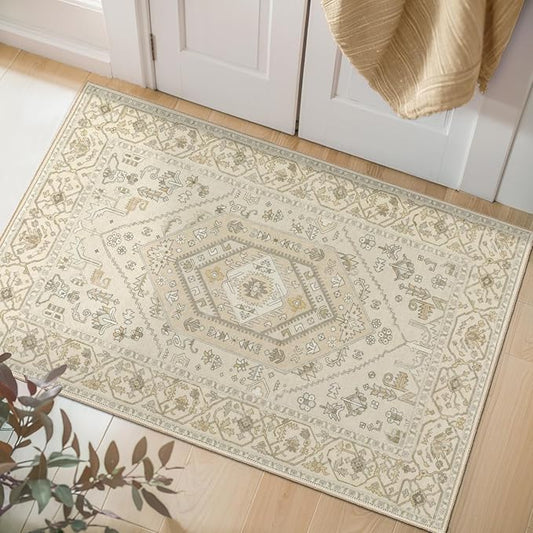 SERISSA Boho Rugs for Entryway, 2x3 Beige Entryway Rug Non-Slip Washable Small Area Rug, Ultra Soft Oriental Vintage Low-Pile Indoor Door Mat Floor Carpet for Entrance Bedroom Kitchen Bathroom