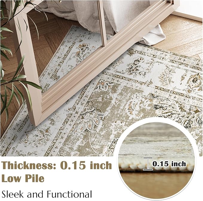 jinchan Fiora Floral 3x5 Area Rug for Entryway - Machine Washable Taupe Vintage Distressed Design Doormat Non-Slip Ultra-Thin Low Pile Boho Rug for Kitchen Living Room Bedroom Farmhouse (3'x5', Taupe)