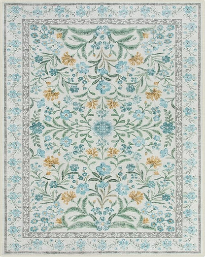 Lahome Light Blue Bedroom Rug 8x10 Under Bed, Boho Washable Rugs for Living Room Nursery, Soft Wool Vintage Low Pile Carpet for Dining Room Girls