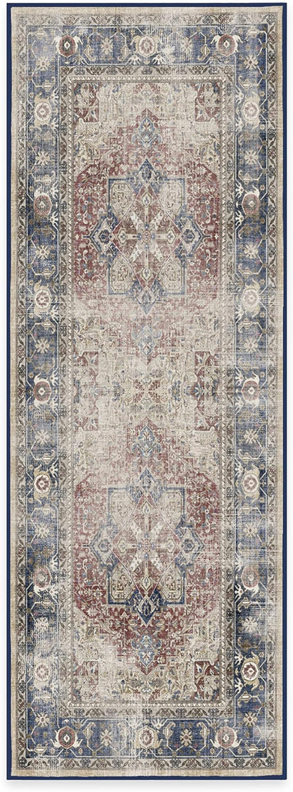 RUGGABLE Washable Vintage Runner Rug – Kamran Royal Blue 2.5x7, Stain-Resistant, Non-Slip Hallway Runner – Machine Washable Rug for Hallway, Entryway, Living Room & Kitchen–with Standard Pad