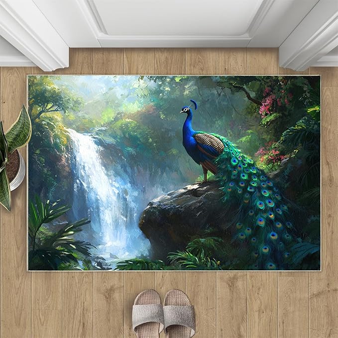 Peacock Rugs for Bedroom - 2x3 Rug, Peacock Decor Area Rugs for Living Room, Natural Landscapes Carpet, Waterfall Washable Area Mat, Aesthetics Carpet - Peafowl Home Decor & Gifts