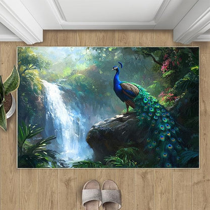 Peacock Rugs for Bedroom - 3x4 Rug, Peacock Decor Area Rugs for Living Room, Natural Landscapes Carpet, Waterfall Washable Area Mat, Aesthetics Carpet - Peafowl Home Decor & Gifts