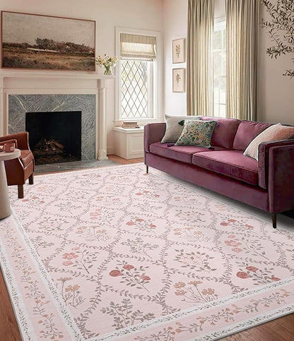 YIHOUSE Pink Floral Print Rugs, Moroccan Trellis 10x14 Washable Large Rug, Modern Pastel Non Slip Ultra-Thin Area Rug for Classroom, Nursery Playroom,Dorm,Bedroom,Living Room, Pink Multi