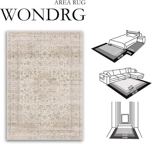 10x12 Beige Area Rug Vintage Living Room Bedroom Washable Carpet Non-Slip Soft Low Pile Distressed Indoor Large Throw Rug for Dining Room Office