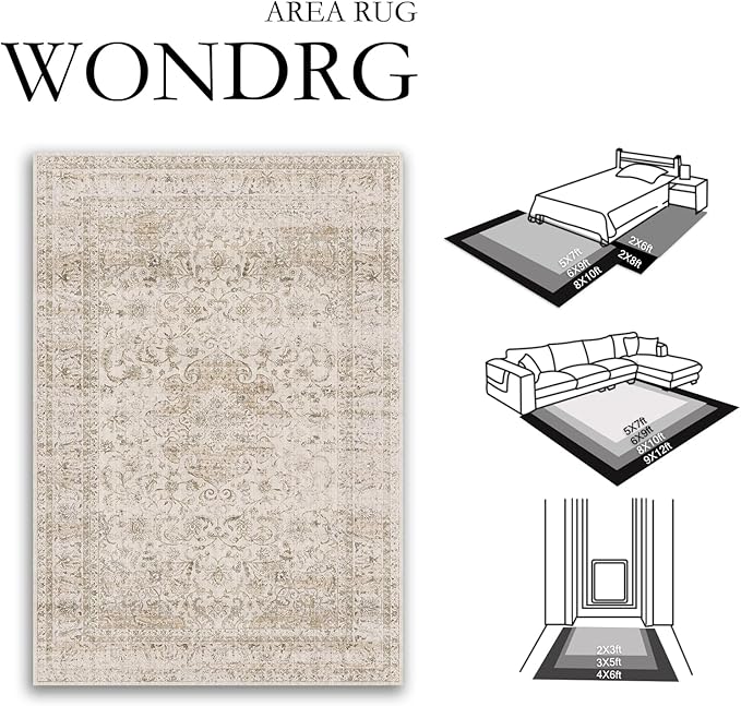 8x10 Washable Beige Area Rug Vintage Living Room Bedroom Carpet Non-Slip Soft Low Pile Distressed Indoor Large Throw Rug for Dining Room Office